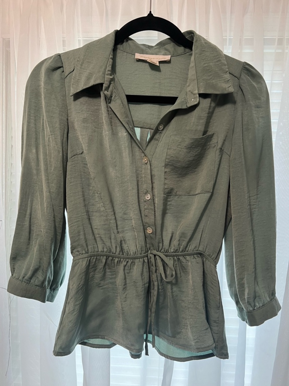 Monteau Sage Green Drawstring Peplum Button-Up Blouse